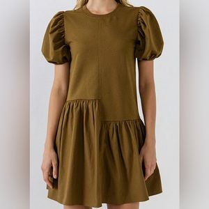 Puff Sleeves Olive Dress Size Medium